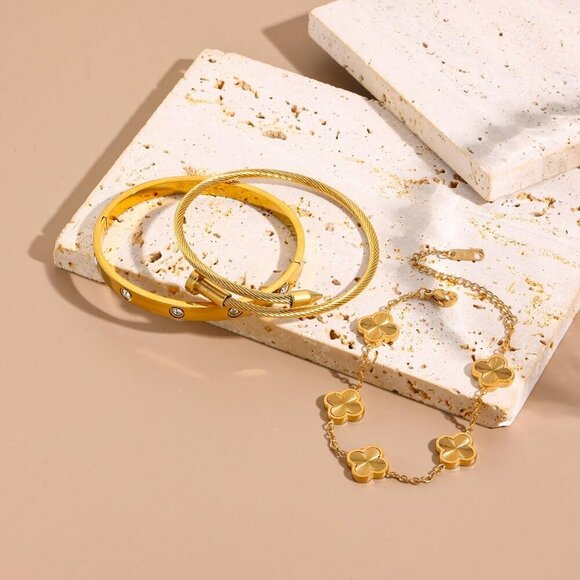 Women's 18K Gold Plated Clover Bangle Lucky Jewelry Gift for Women - Picture 3 of 7